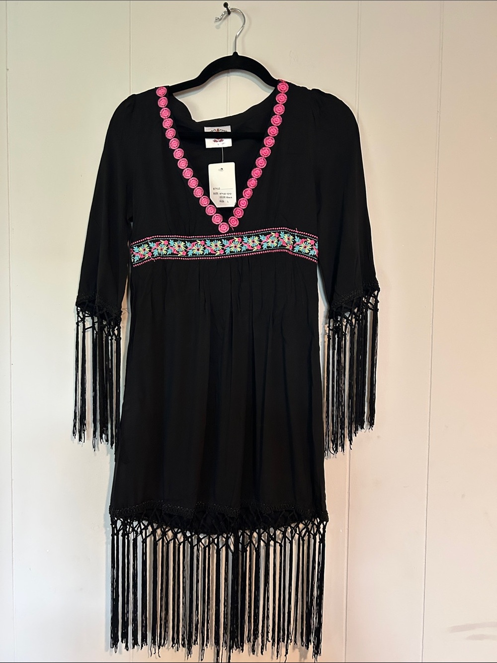 Black Boho Fringe V-Neck Dress with Pink Trim and Embroidered Waist